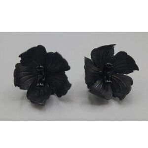 Vintage Miriam Haskell Black Hibiscus Flower Screwback Clip Earrings Signed Rare
